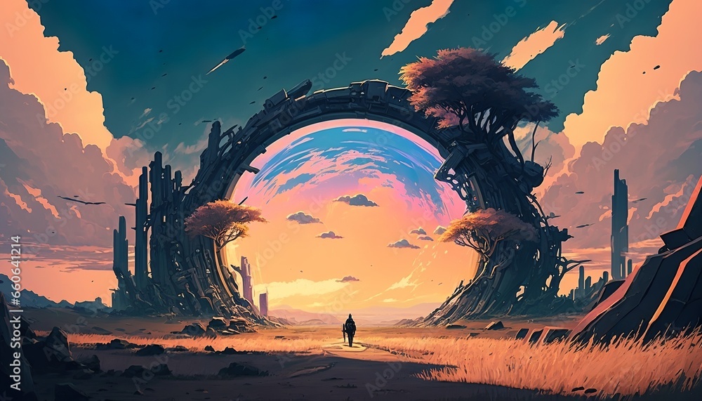 Anime style futuristic landscape with celestial objects and mechanical city in a desert