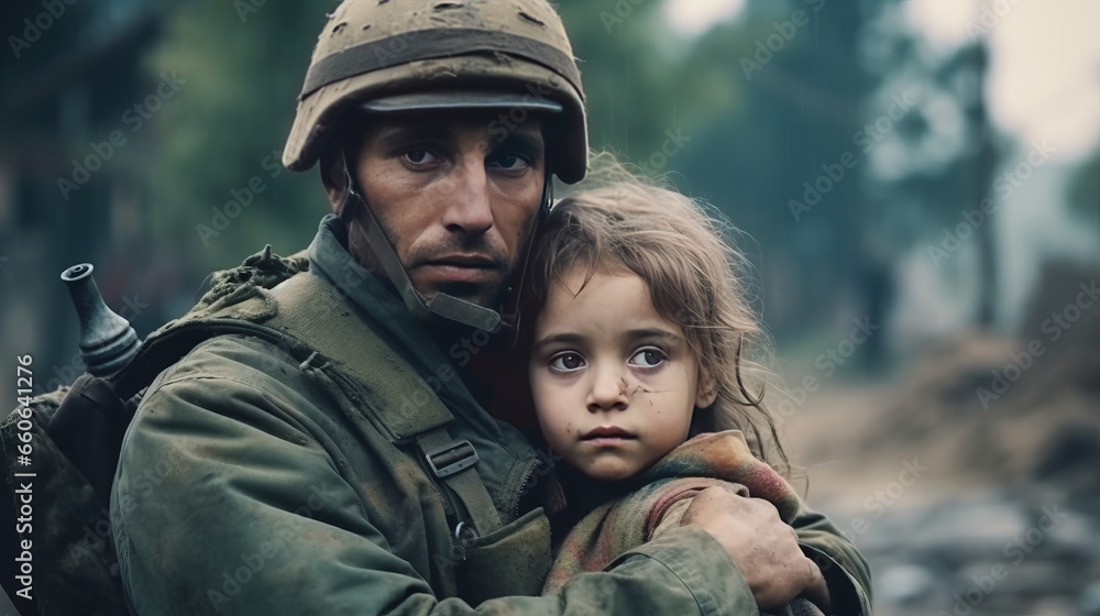 Soldier comforts sad child refugee amid war's destruction. generative ai