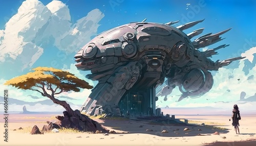 Anime style futuristic landscape with celestial objects and mechanical city in a desert © Csaba