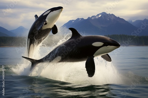 Two jumping orcas, commonly known as killer whales. Generative AI photo