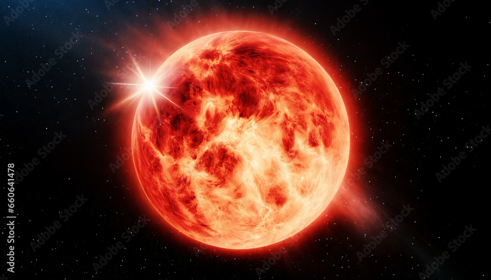 immagine ravvicinata di una stella rossa sullo sfondo di un cosmo scuro e stellato