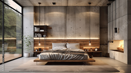 Industrial-Style Bedroom Interior Concrete Walls  Metal Bed Frame  Warm Wood Tones   Geometric Rug