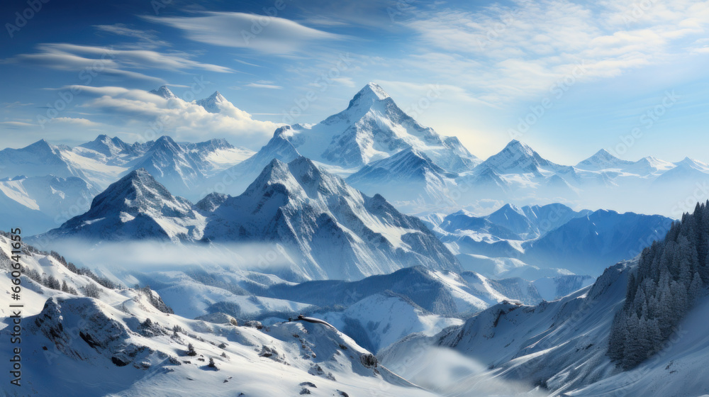 Serene Alpine Landscape: A Snowy Paradise. Generative AI