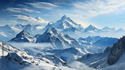 Serene Alpine Landscape: A Snowy Paradise. Generative AI © Stefan