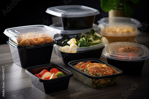 An image featuring a variety of food packed in takeaway plastic containers. Generative AI