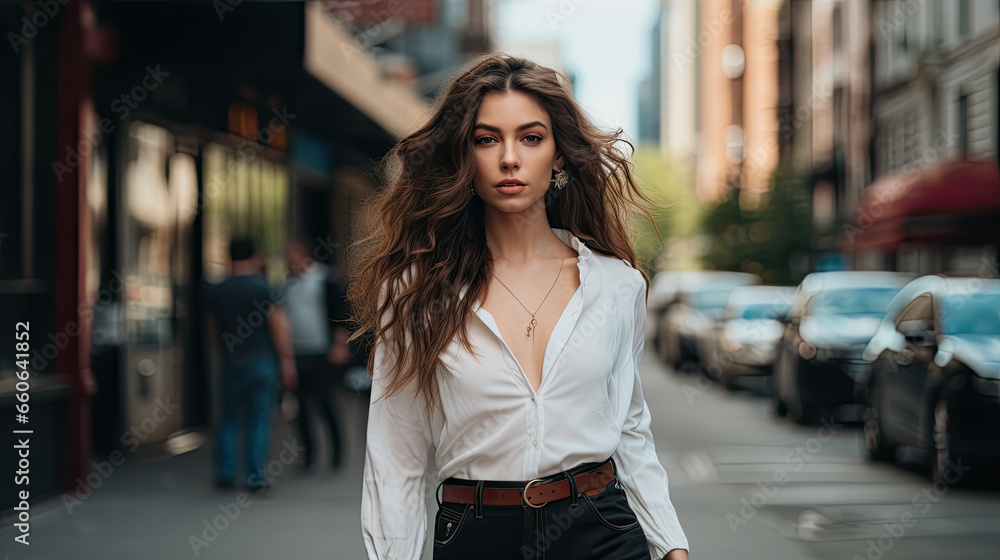 Trendy Outfit Showcase: Fashionable Young Woman Walking Confidently in City Street Trendy Outfit Showcase: Fashionable Young Woman Walking Confidently in City Street