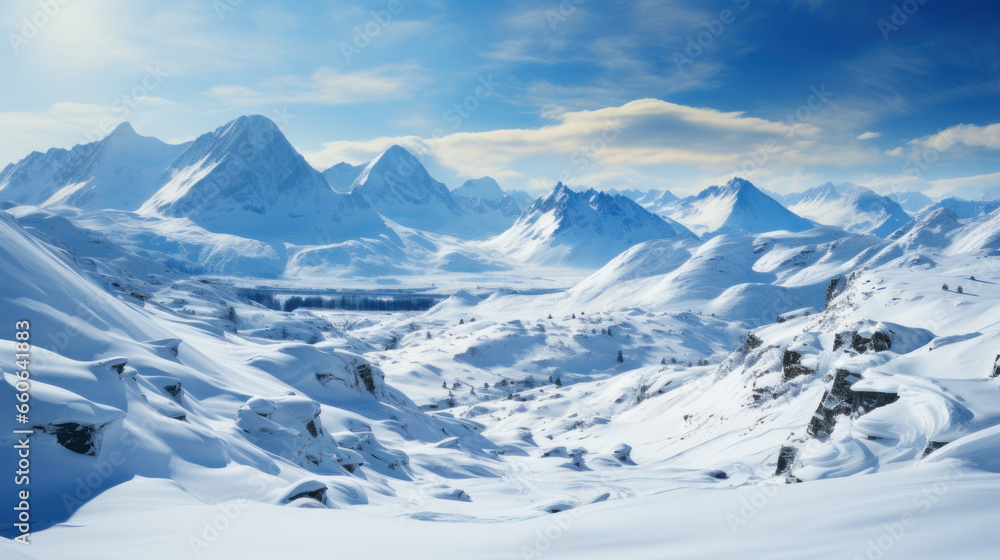 ajestic Snowy Mountains - A Winter Wonderland Landscape. Generative AI