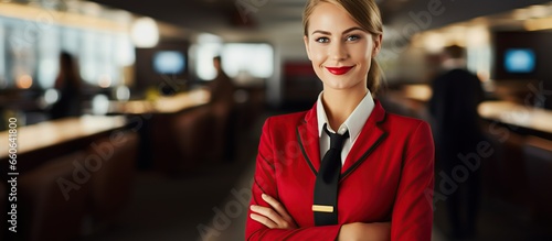 Smiling flight attendant in uniform looking at camera photo