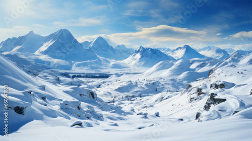 ajestic Snowy Mountains - A Winter Wonderland Landscape. Generative AI photo