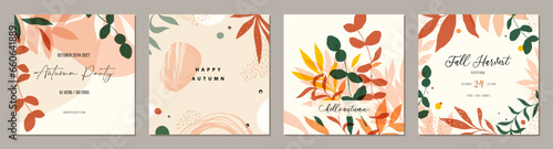 Universal floral Autumn square abstract templates. Suitable for social media posts, mobile apps, cards, invitations, banners design and web, internet ads. 