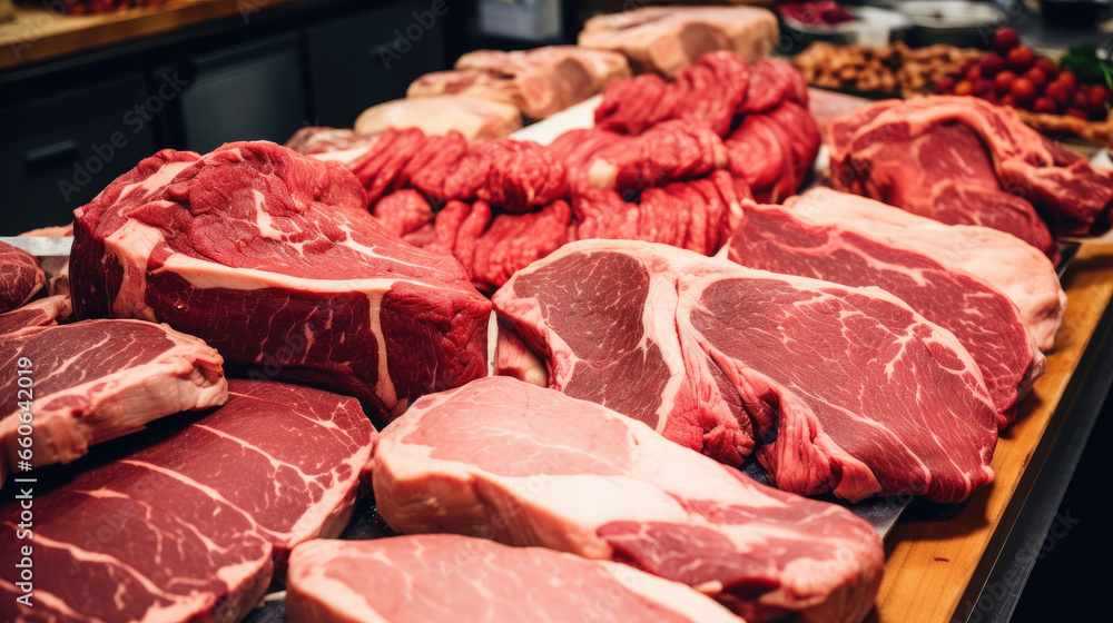 Prime Meat Steaks Angus, T-Bone, Ribeye, Striploin, Tomahawk - Fresh Cuts at Supermarket Prime Meat Steaks Angus, T-Bone, Ribeye, Striploin, Tomahawk - Fresh Cuts at Supermarket