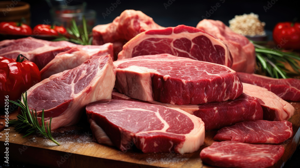 Prime Meat Steaks: Angus, T-Bone, Ribeye, Striploin, Tomahawk - Fresh Cuts at Supermarket Prime Meat Steaks: Angus, T-Bone, Ribeye, Striploin, Tomahawk - Fresh Cuts at Supermarket