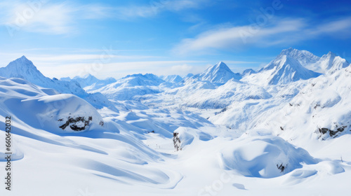 Snow-Blanketed Mountain Majesty: Winter's Serene Beauty in Alpine Wilderness. Generative AI © Stefan