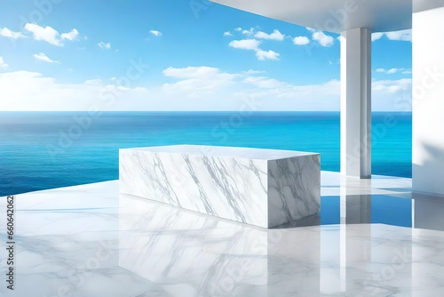 3D rendering of a sleek white marble podium set against a stunning ocean sky background  exuding an elegant and grandiose ambiance.