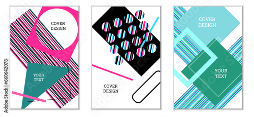 Geometric cover design, set of 3 covers. Abstract unusual background in Memphis style. Bright geometric shapes in random order