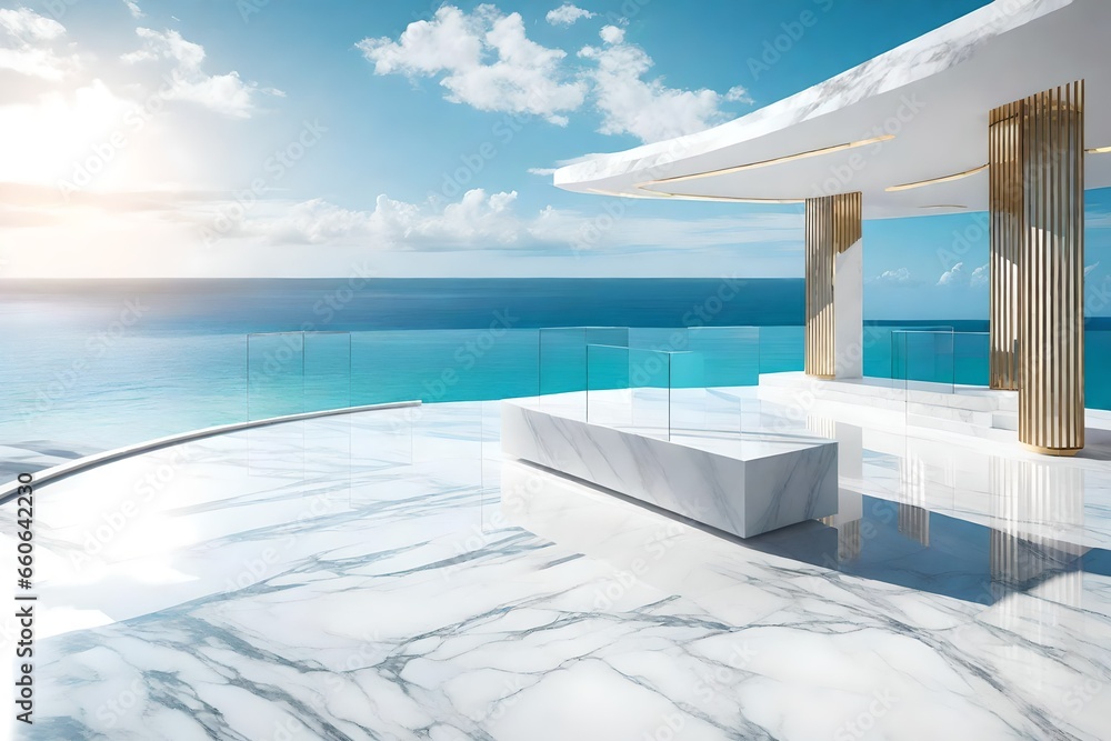 3D rendering of a sleek white marble podium set against a stunning ocean sky background, exuding an elegant and grandiose ambiance.