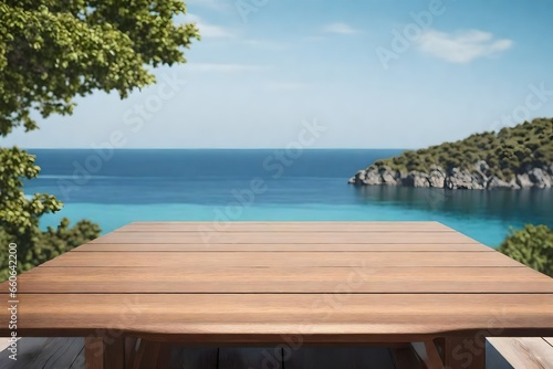 Wooden table on the background of the sea, island and the blue sky. High quality photo © Areesha