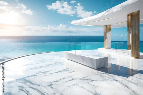 3D rendering of a sleek white marble podium set against a stunning ocean sky background, exuding an elegant and grandiose ambiance. © Areesha