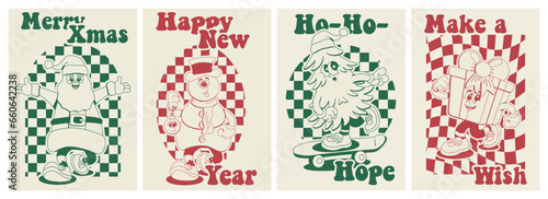 Greeting posters in retro cartoon style Merry Christmas. Santa, Snowman, Christmas tree, Gift in modern vector design.