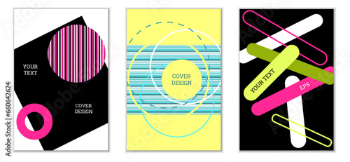 Geometric cover design, set of 3 covers. Abstract unusual background in Memphis style. Bright geometric shapes in random order