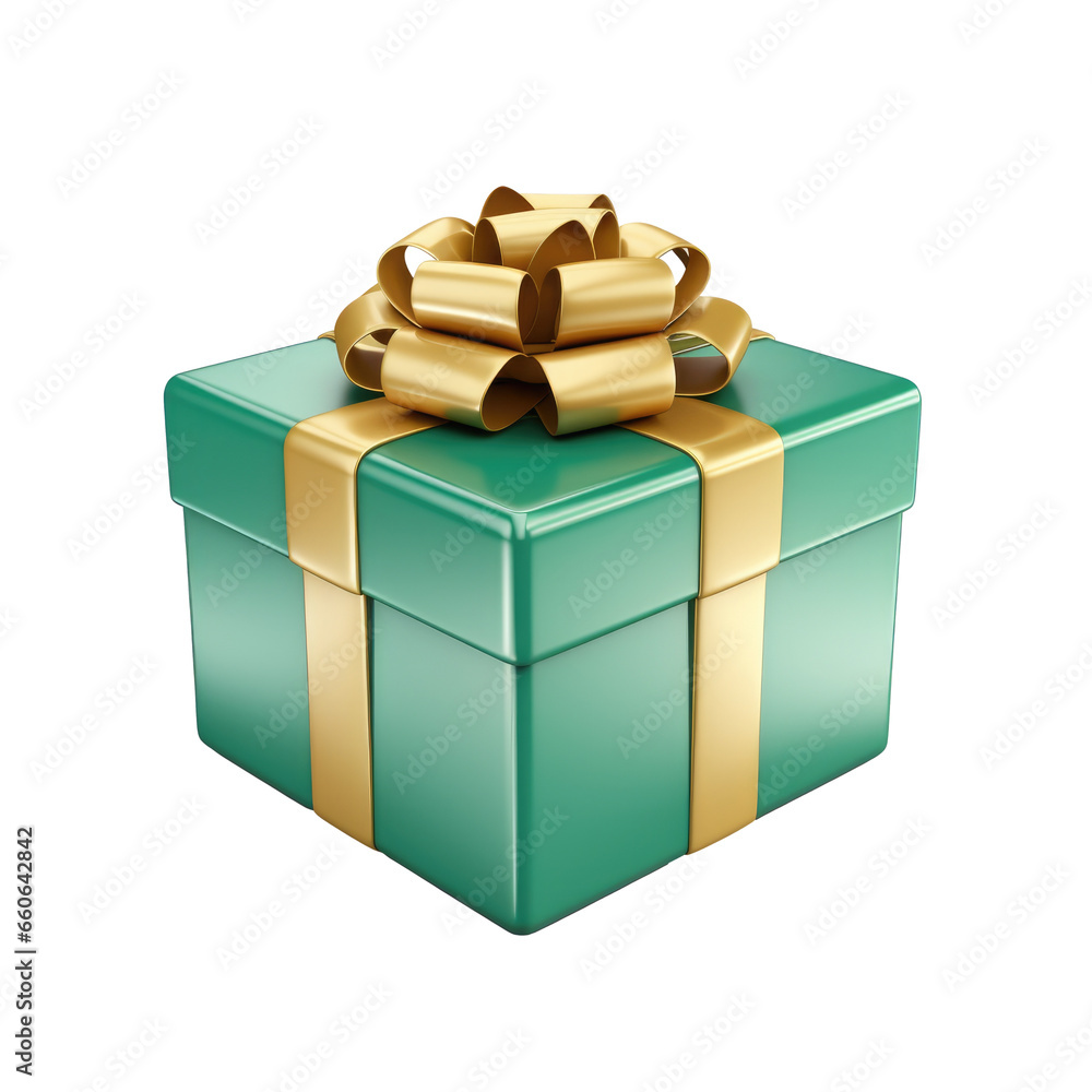 Christmas 3D icon, cartoon green сhristmas gift box with a gold bow and ribbon isolated on a transparent background Christmas 3D icon, cartoon green сhristmas gift box with a gold bow and ribbon isolated on a transparent background