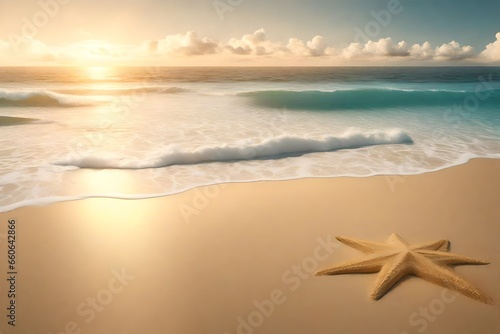  Beach scene with golden sands and a shimmering ocean, setting the stage for a serene banner background 