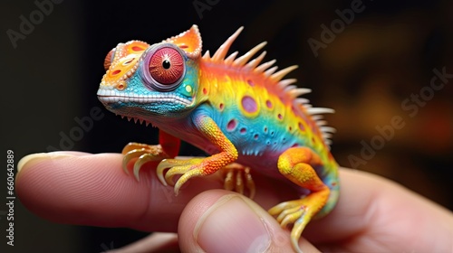  a small colorful lizard sitting on top of a person s hand.  generative ai