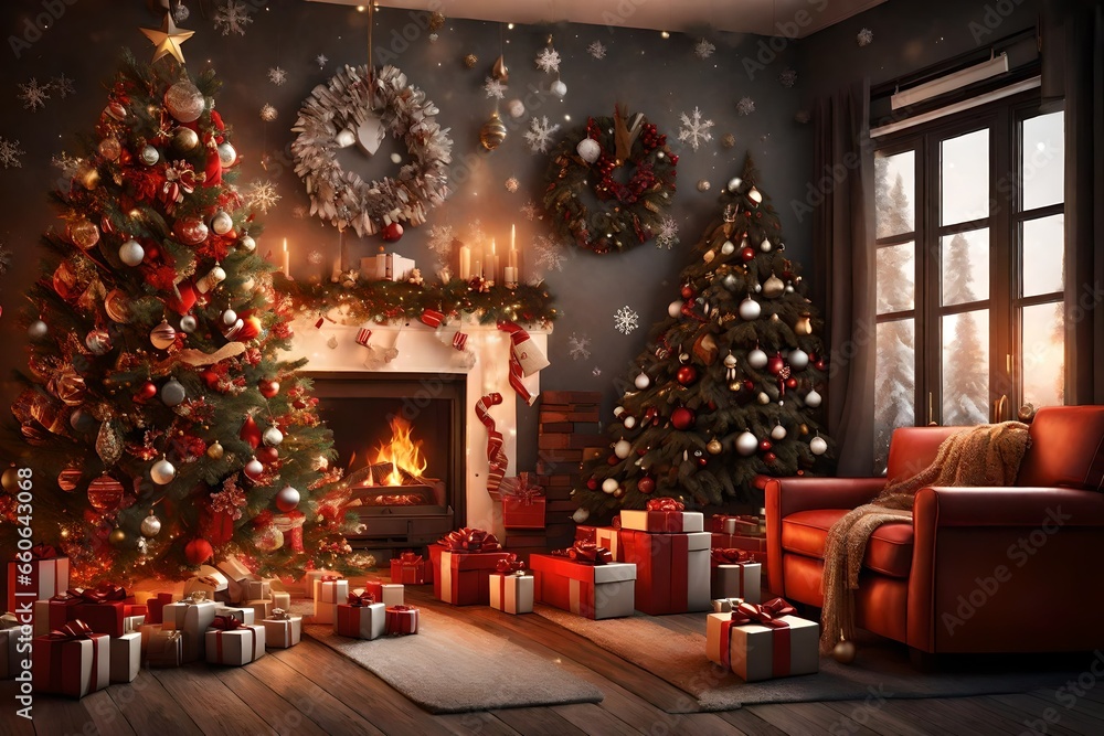 Christmas interior, complete with a decorated tree, crackling fireplace