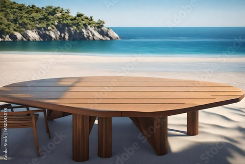 Wooden table on the background of the sea  island and the blue sky. High quality photo