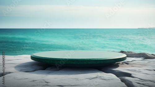 Round Stone Podium in emerald Colors in front of a blurred Seascape. Luxury Backdrop for Product Presentation