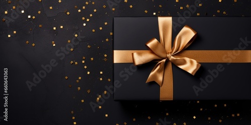 Gift box and golden ribbon on black background with glitter. Black friday sale concept. Banner
