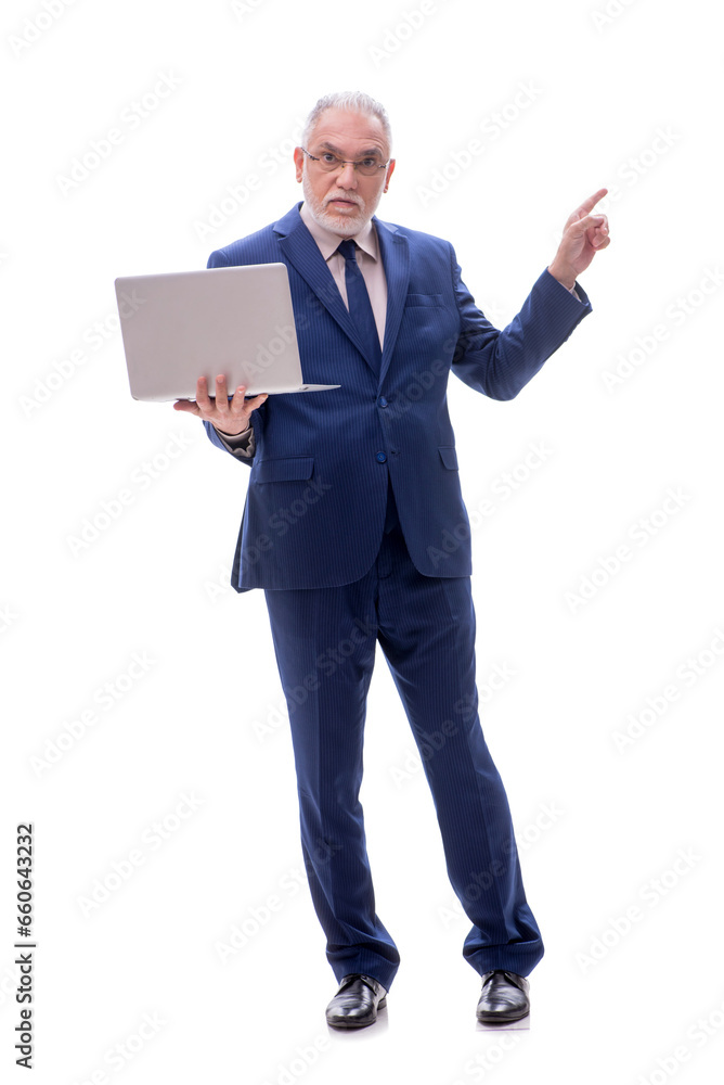 Old businessman with computer isolated on white Old businessman with computer isolated on white