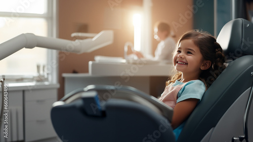 Young girl in at the dentist, sitting in chair and smiling