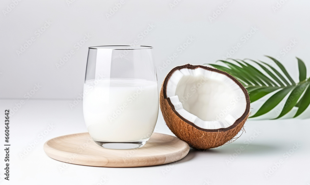 A glass of coconut milk and half a coconut on the kitchen table. Natural plant-based milk A glass of coconut milk and half a coconut on the kitchen table. Natural plant-based milk
