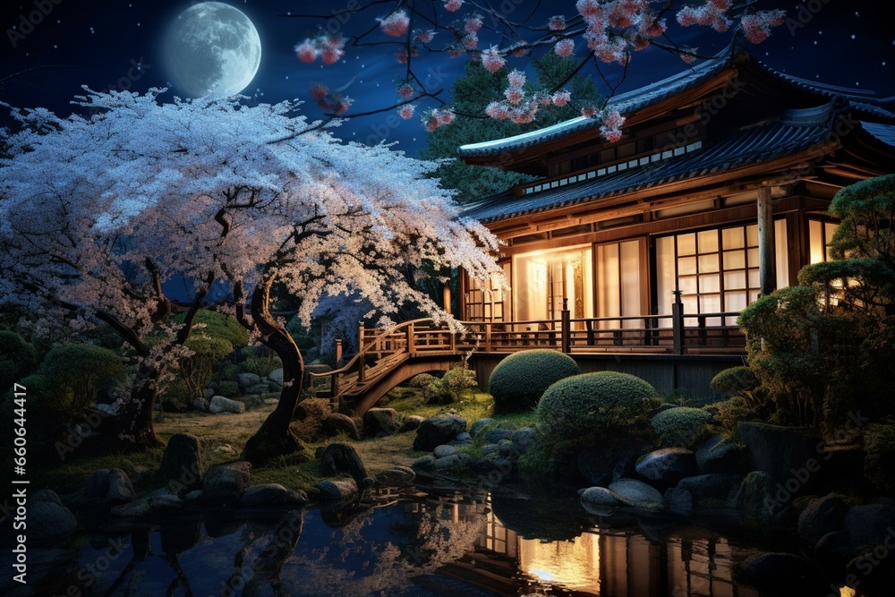 Fototapeta premium Traditional Japanese house among sakura trees illuminated by moonlight. Generative AI