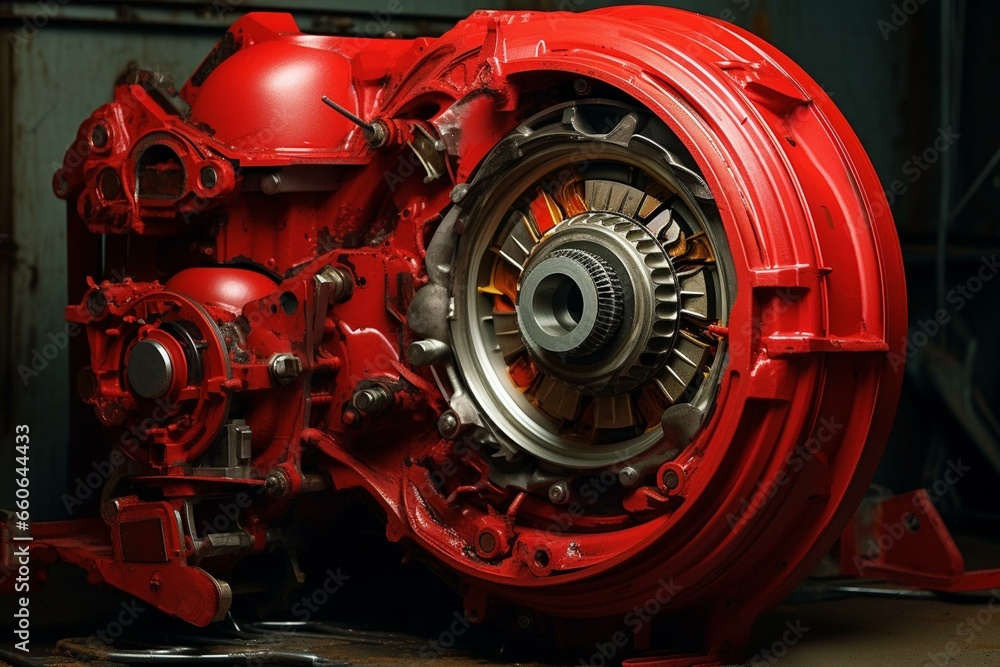 A taken-apart vehicle torque converter amidst red fluid leakage. Generative AI - obrazy, fototapety, plakaty 