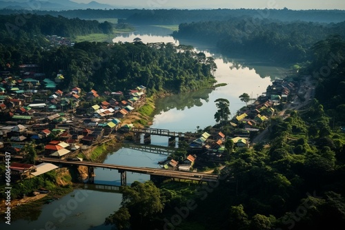 Bird's-eye view of Sungai Kebun Bridge and water village in Bandar Seri Begawan, Brunei Darussalam. Generative AI photo
