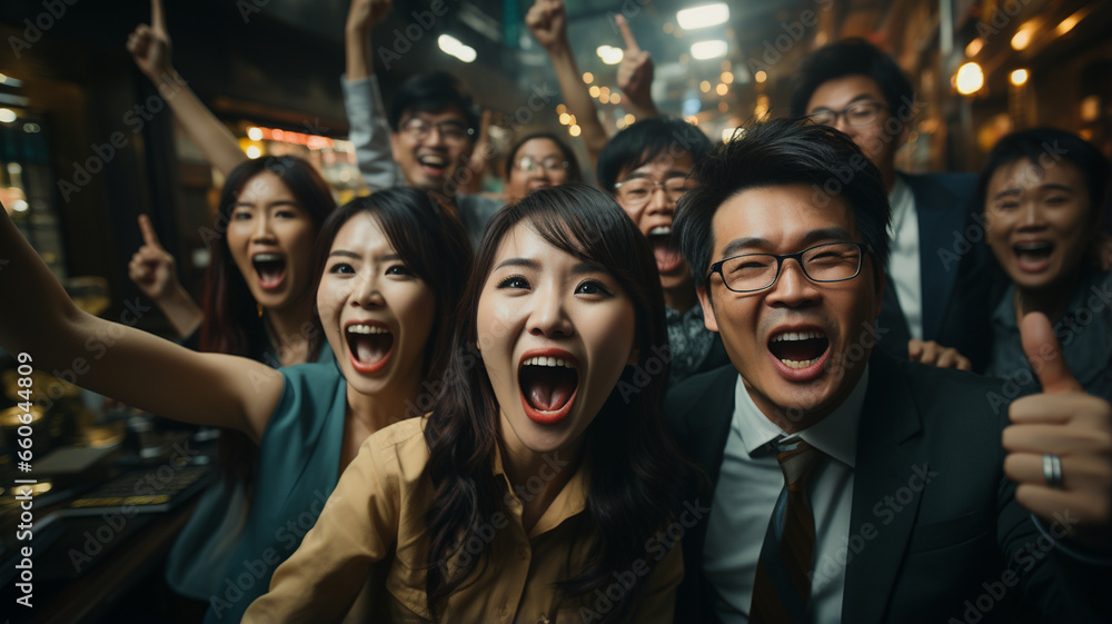 group of happy people rejoicing in success and victory on the street group of happy people rejoicing in success and victory on the street