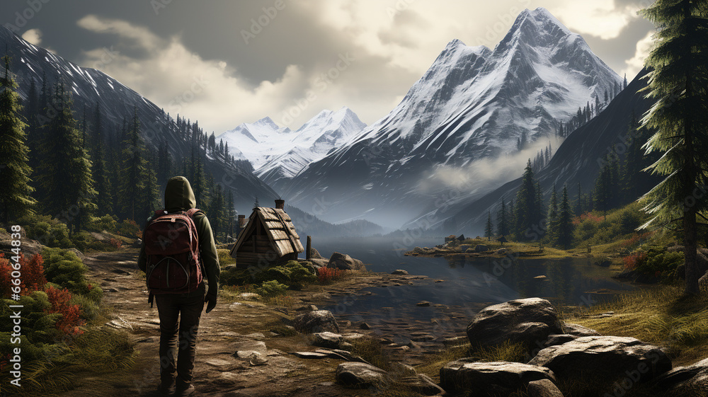 Woman traveler in the autumn forest near the mountain Woman traveler in the autumn forest near the mountain