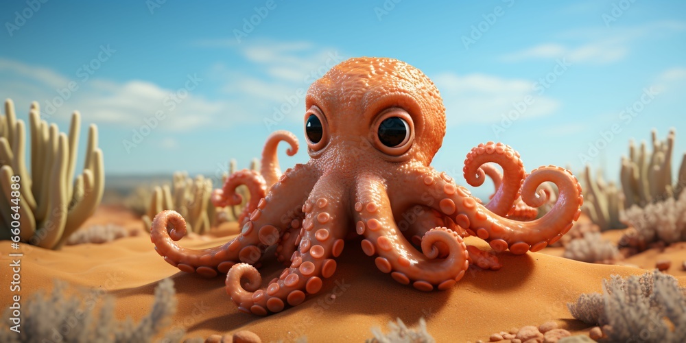Obraz premium Cute Octopus on Desert Sand with Blue Sky View