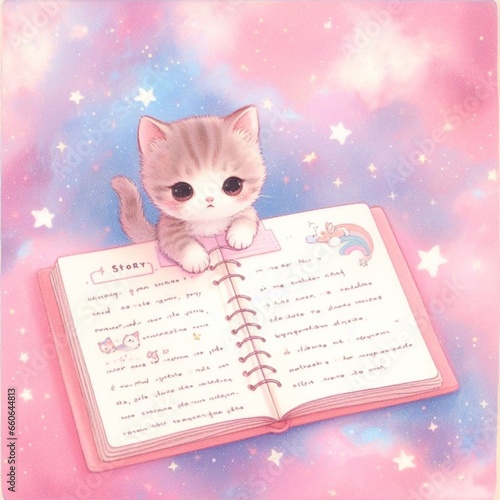 kitten writing, story book, kids story, pastel pink shade, on settle background
