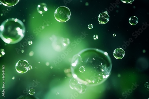 Abstract background with shiny and glossy green soap bubbles floating in the air. Generative AI
