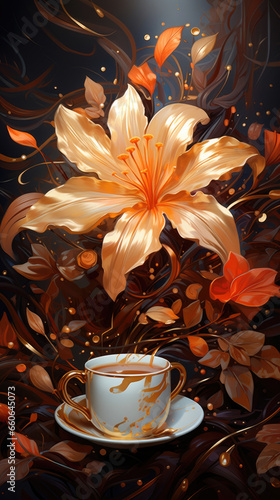 a painting of a coffee cup and a flower. Painting of a Coffee color flower, Perfect for Wall Art.