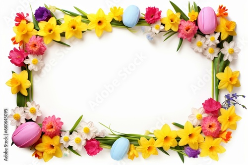 Easter-themed frame adorned with vibrant spring flowers. Generative AI