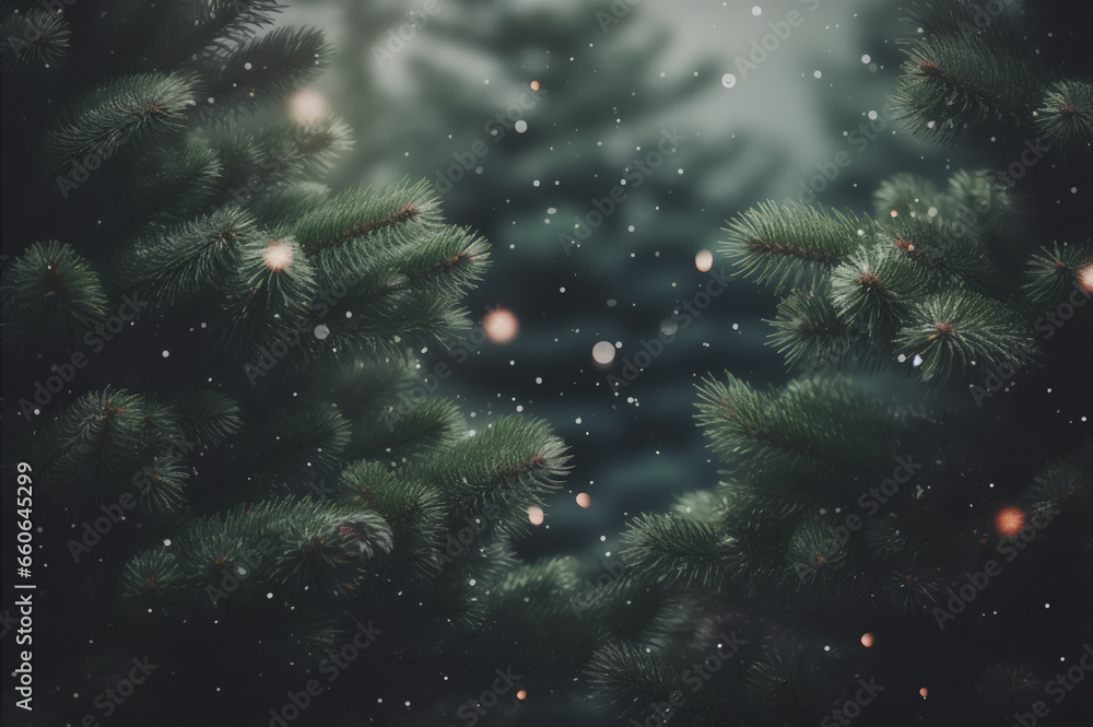 Green fir tree background. Christmas tree branches with light of the garland