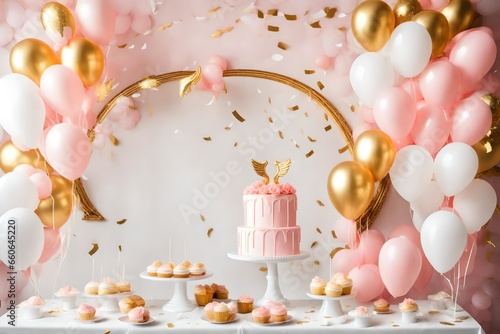 Fototapeta Arch decorated with pink, white, golden balloons, angel wings