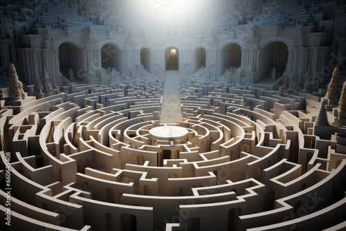 A person navigating a complex maze, reflecting the challenges and problem-solving abilities of humans. Concept of problem-solving. Generative Ai.