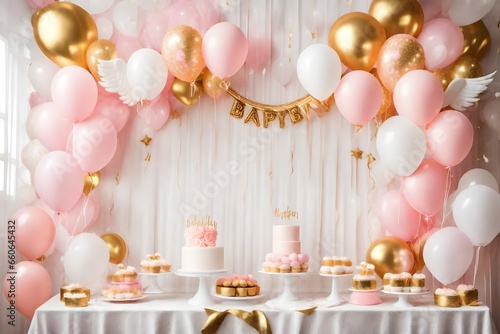 Arch decorated with pink, white, golden balloons, angel wings. Trendy cake with decor. Celebration baptism concept. Reception at birthday baby party on wall