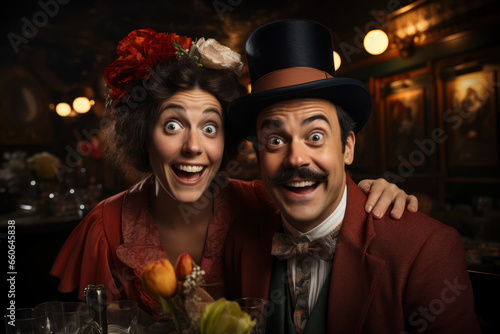 A slapstick comedy duo performing a sketch with exaggerated physical humor, reminiscent of classic vaudeville. Concept of vaudeville comedy. Generative Ai.