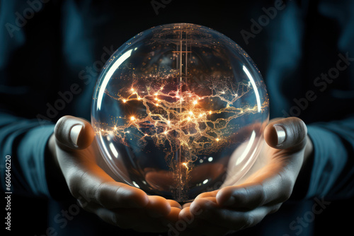 A person holding a globe with a brain superimposed on it, symbolizing the global impact of knowledge and ideas. Concept of global intelligence. Generative Ai.